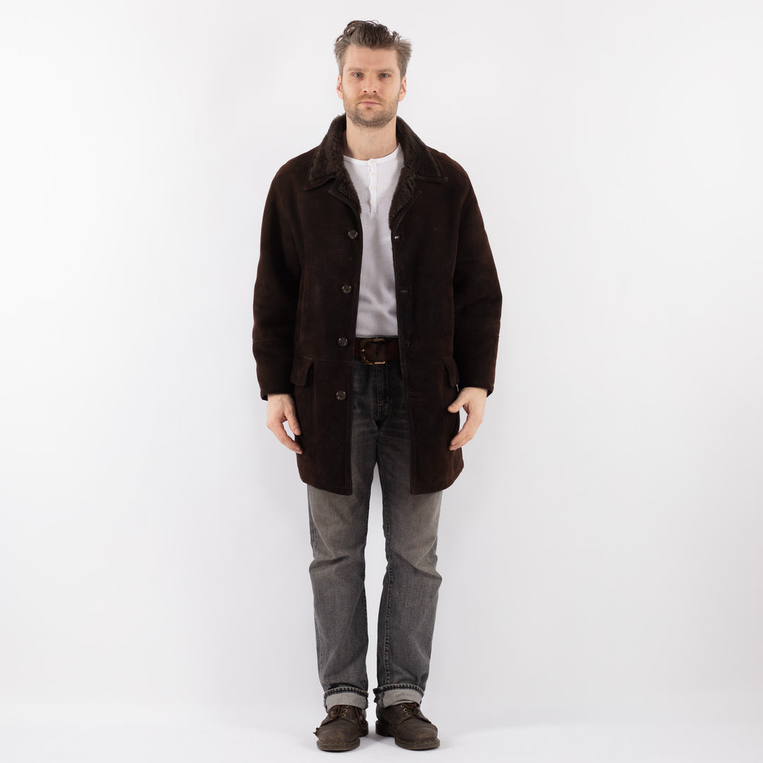 Vintage 80's Men Sheepskin Shearling Coat in BrownZ1127