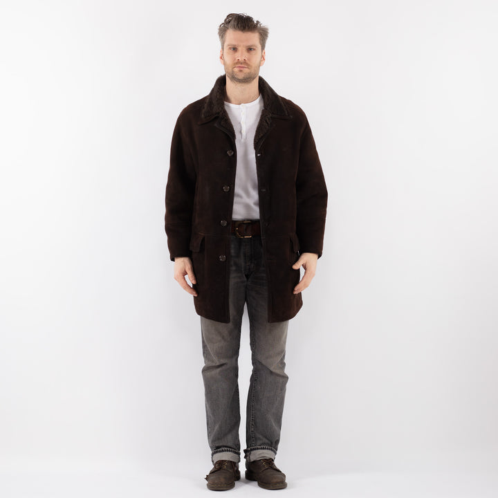 Vintage 80's Men Sheepskin Shearling Coat in BrownZ1127