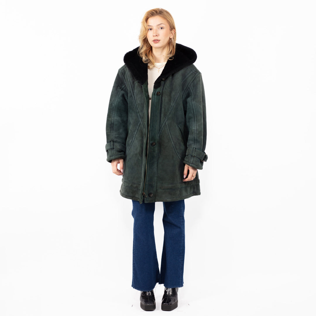 Vintage 80's Women Oversized Sheepskin Coat in Faded Green