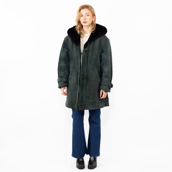 Vintage 80's Women Oversized Sheepskin Coat in Faded Green