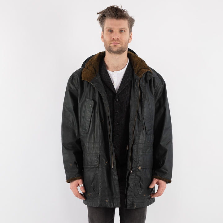 Vintage 70's Men Hooded Waxed Canvas Jacket in Black - NorthernGrip