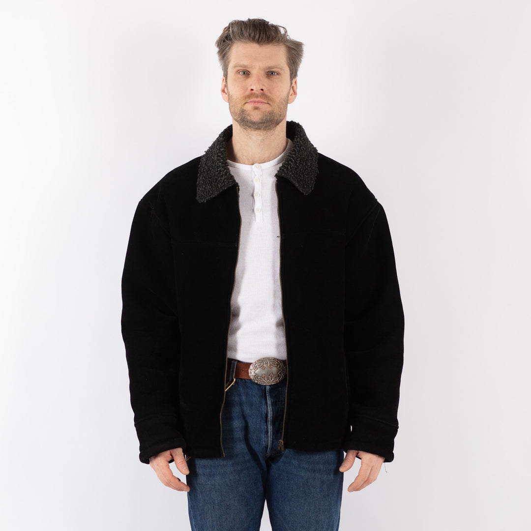 Vintage 90's Men Faux Sheepskin Jacket in BlackZ1184