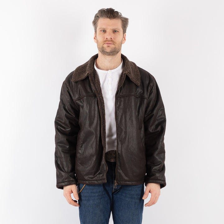 Vintage 90's Men Faux Sheepskin Jacket in BrownZ1185
