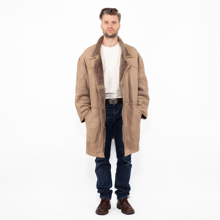 Vintage 80's Men Oversized Sheepskin Coat in Beige