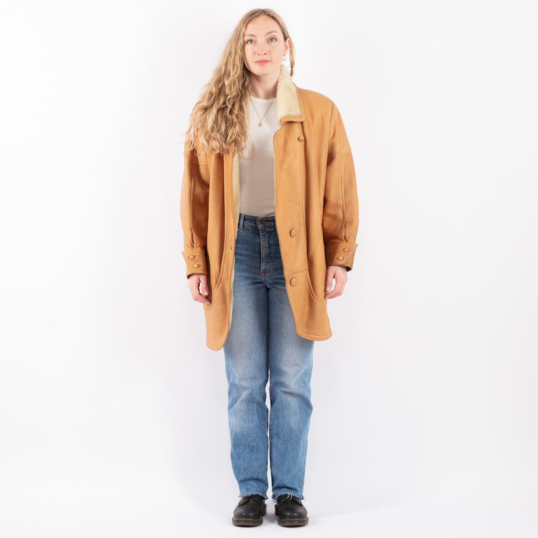 Vintage 80's Women Sheepskin Shearling Coat in BeigeV9478