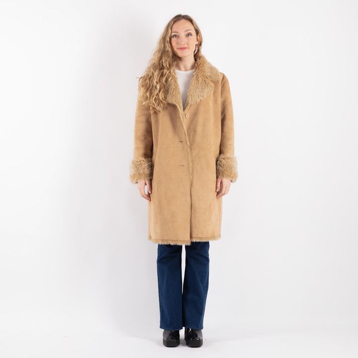 Vintage 90's Women Faux Sheepskin Coat in BeigeV9155