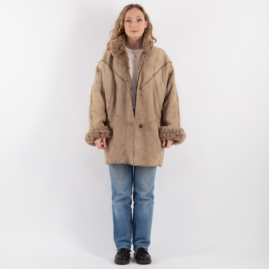 Vintage 80's Women Sheepskin Shearling Coat in BeigeV9249