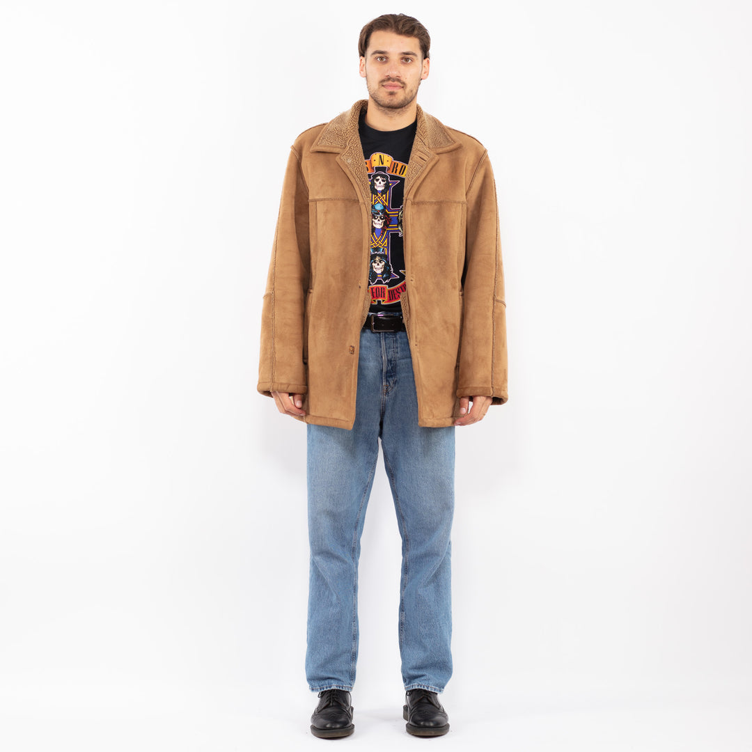 Vintage 90's Men Faux Sheepskin Coat in Beige