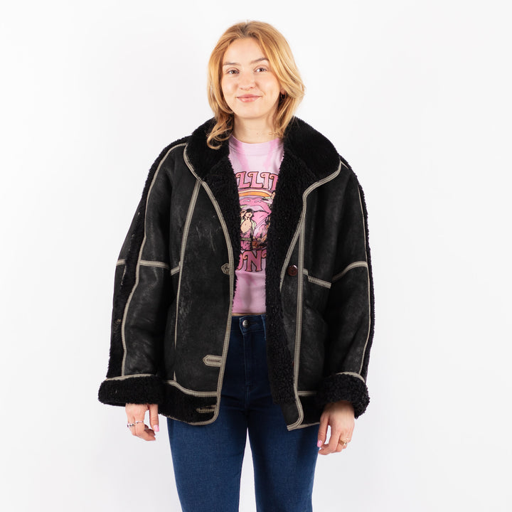 Vintage 80's Women Sheepskin Shearling Jacket in BlackV9565