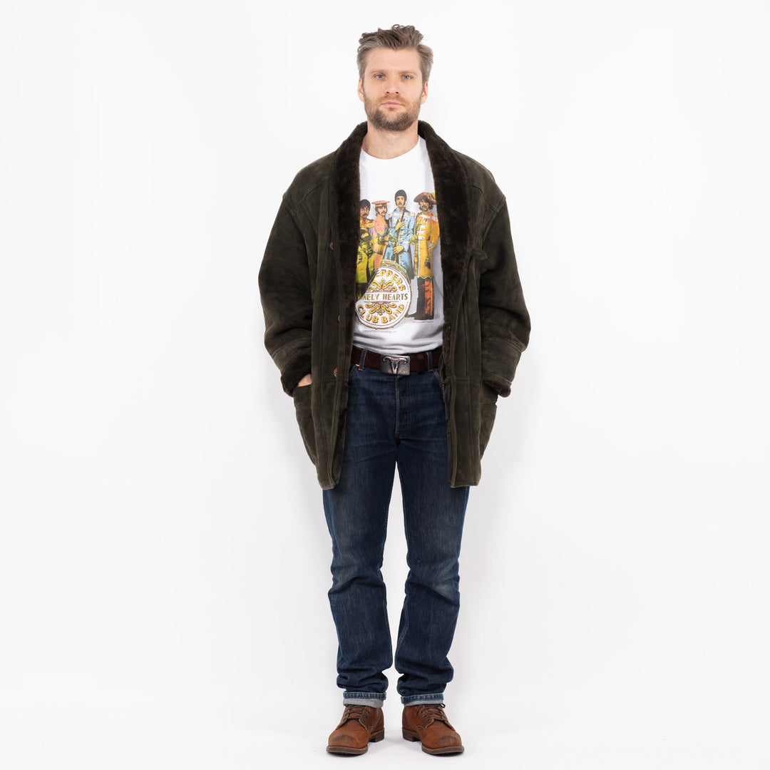 Vintage 80's Men Sheepskin Shearling Coat in GreenZ2692
