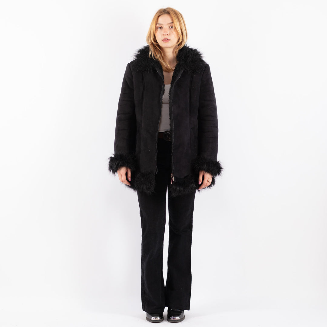 Vintage 90's Women Faux Sheepskin Coat in BlackV9669