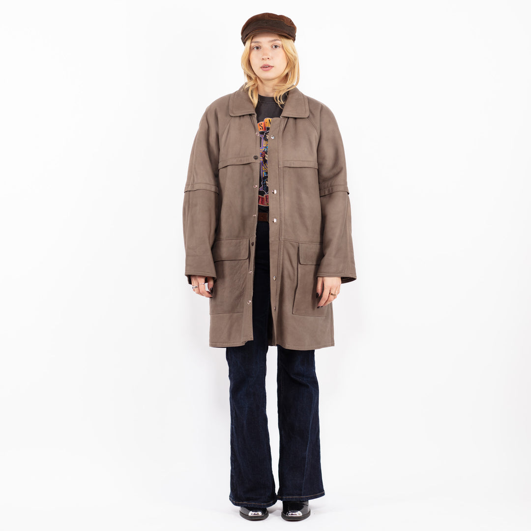 Vintage 80's Women Sheepskin Leather Coat in Gray
