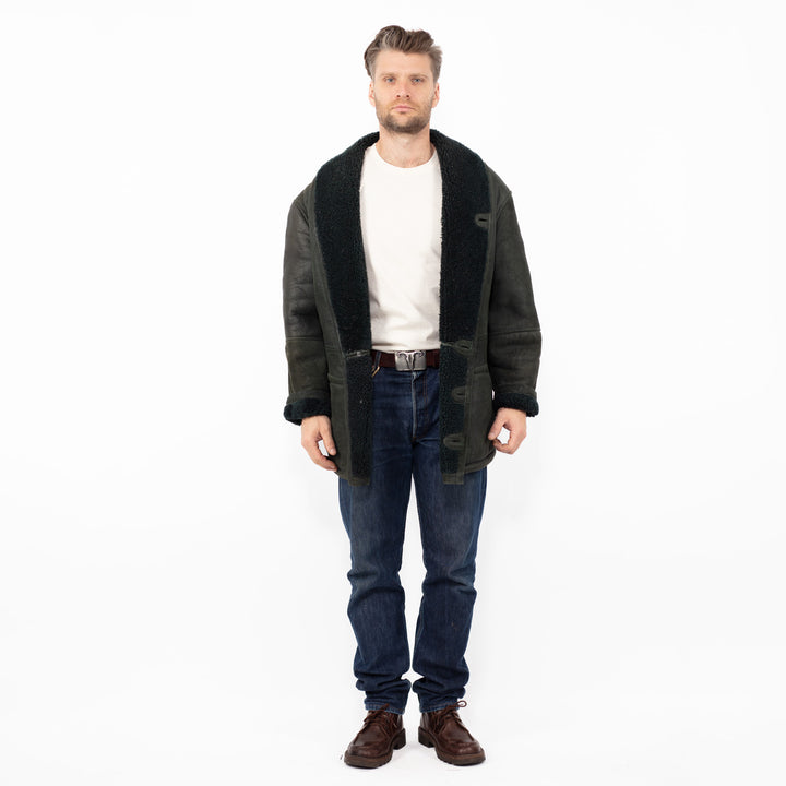 Vintage 80's Men Sheepskin Coat in Dark Green