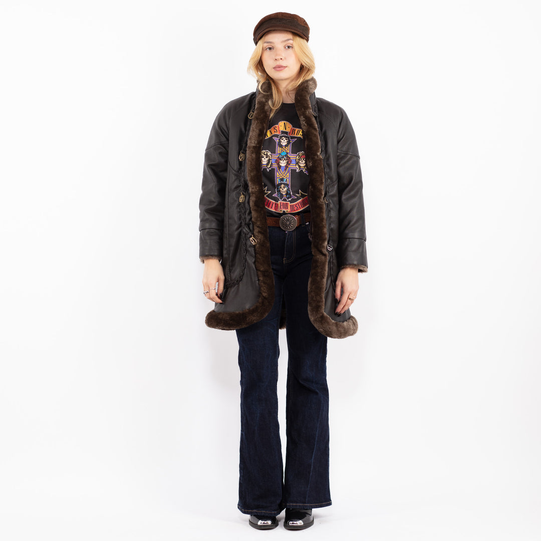 Vintage 90's Women Faux Leather Coat in Dark Brown