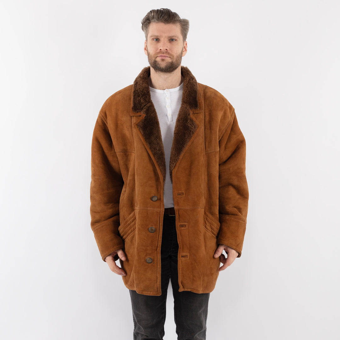 Vintage 80's Men Sheepskin Shearling Coat in BrownZ1006