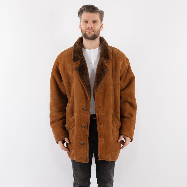 Vintage 80's Men Sheepskin Shearling Coat in BrownZ1006