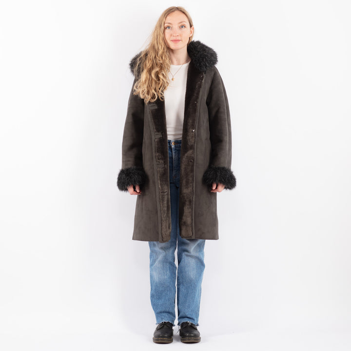 Vintage 90's Women Faux Sheepskin Coat in GrayV9504