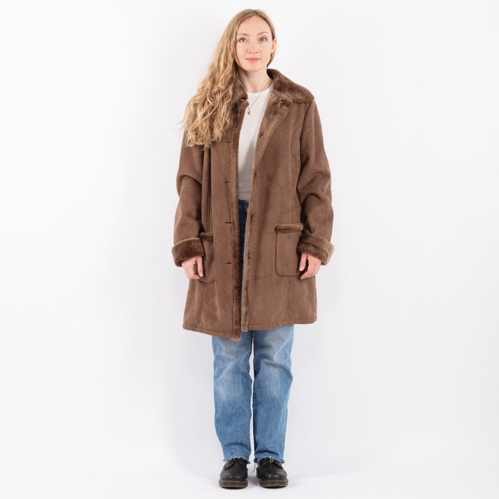 Vintage 90's Women Faux Sheepskin Coat in BrownV9505