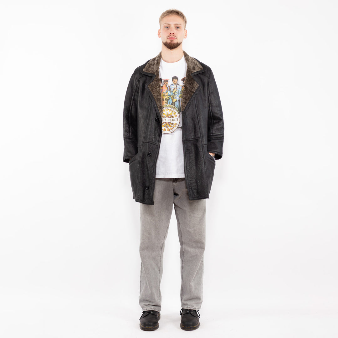 Vintage 90's Men Sheepskin Leather Coat in Black