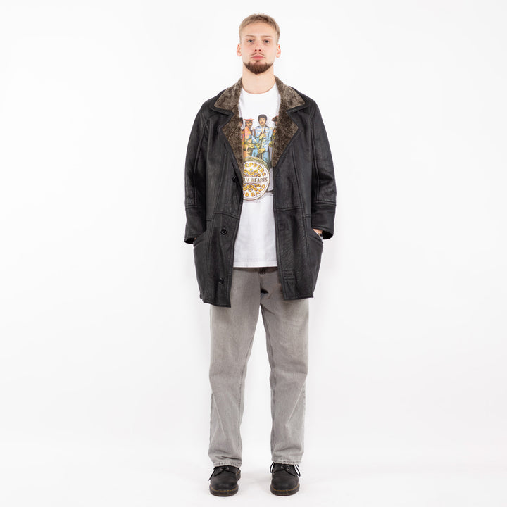 Vintage 90's Men Sheepskin Leather Coat in Black