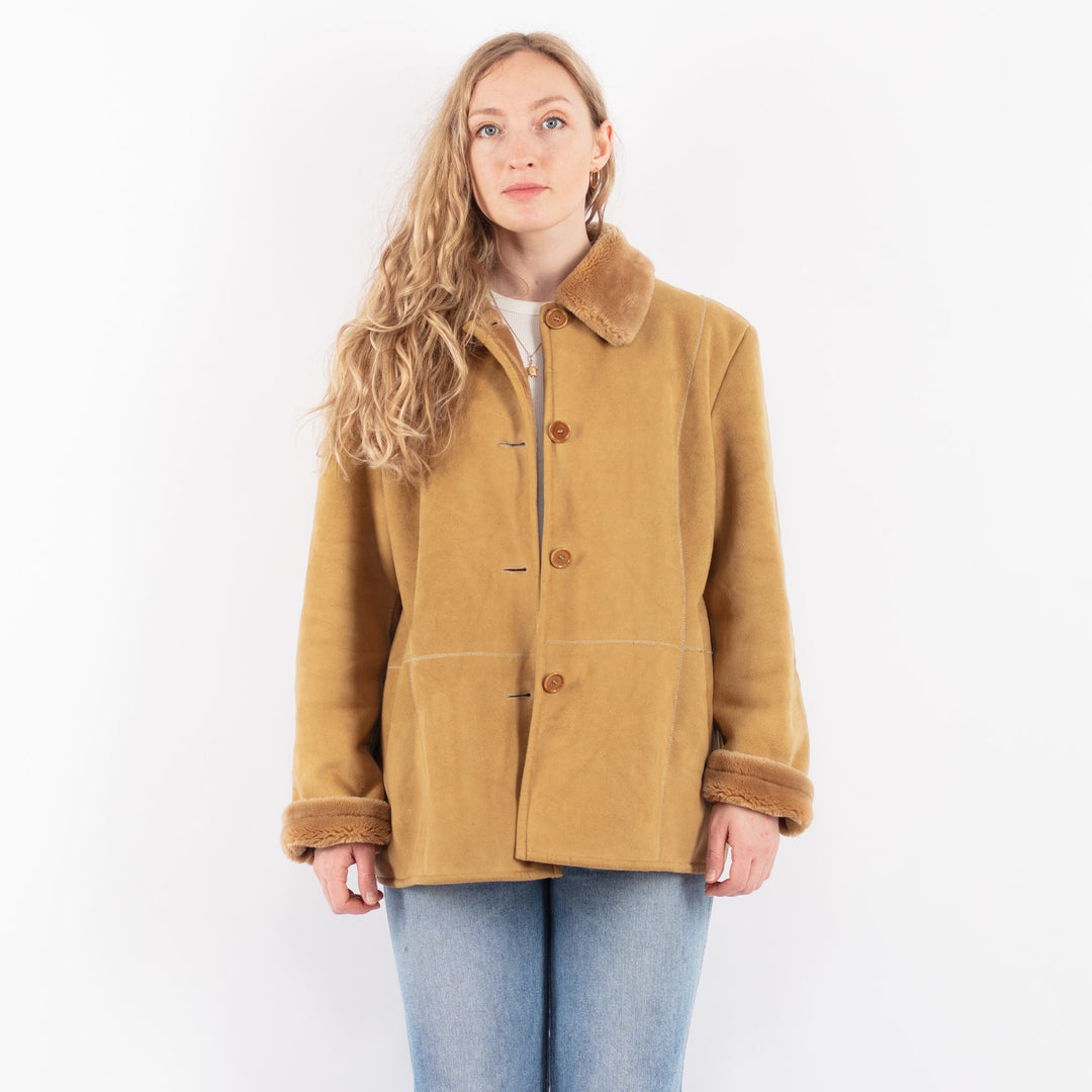 Vintage 90's Women Faux Sheepskin Coat in BeigeV9508