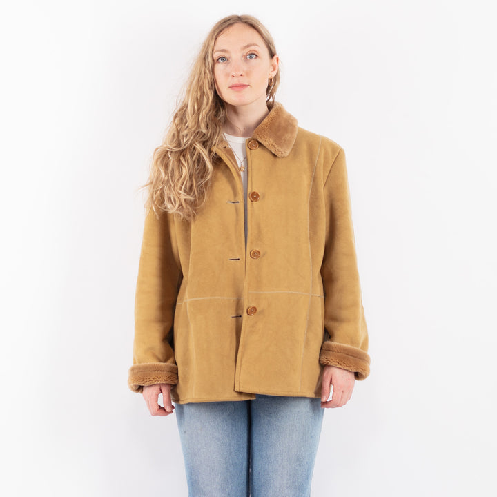 Vintage 90's Women Faux Sheepskin Coat in BeigeV9508