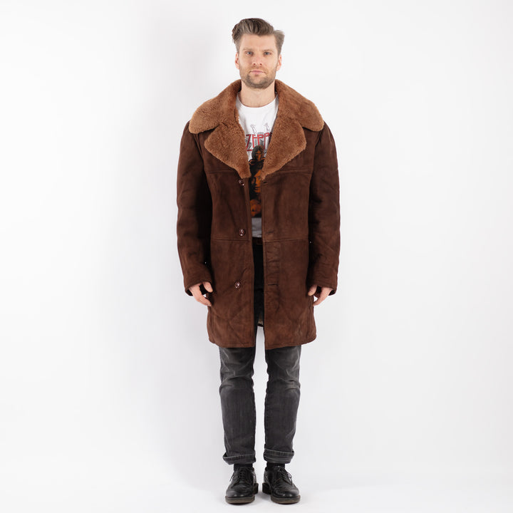 Vintage 70's Men Sheepskin Shearling Coat in Brown
