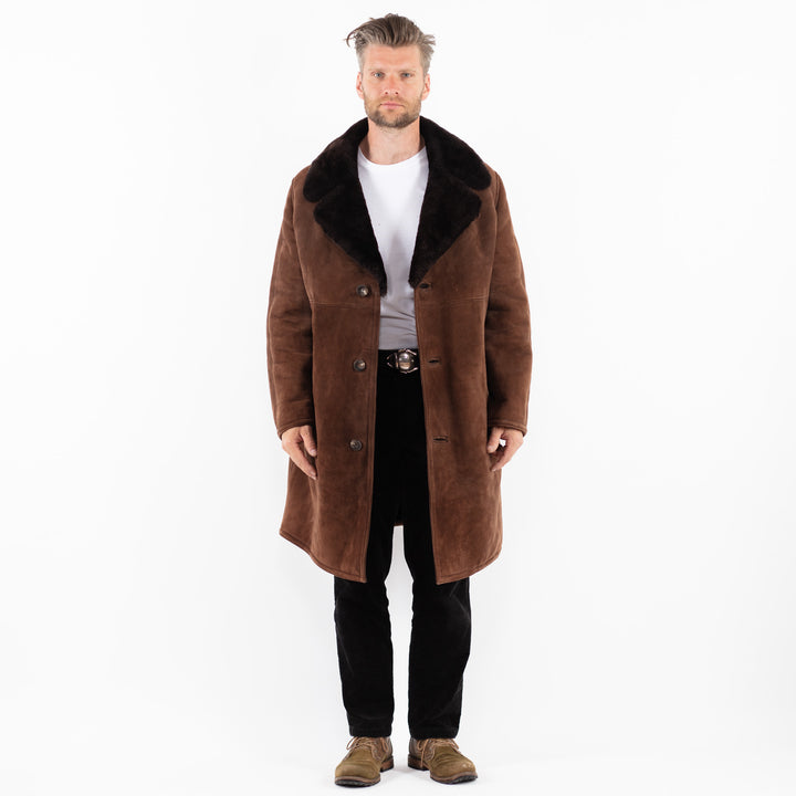 Vintage 70's Men Sheepskin Shearling Coat in BrownZ1885