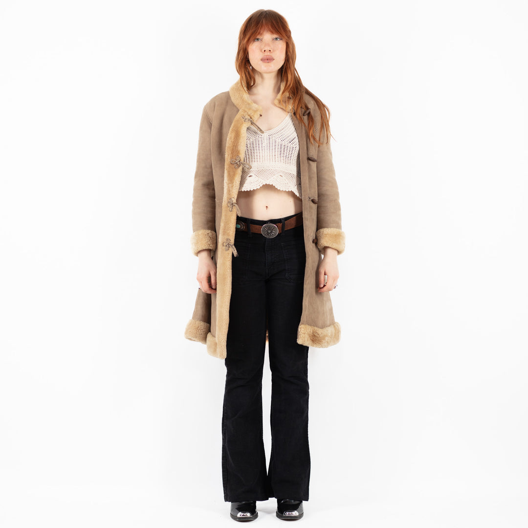 Vintage 70's Women Sheepskin Shearling Coat in Beige