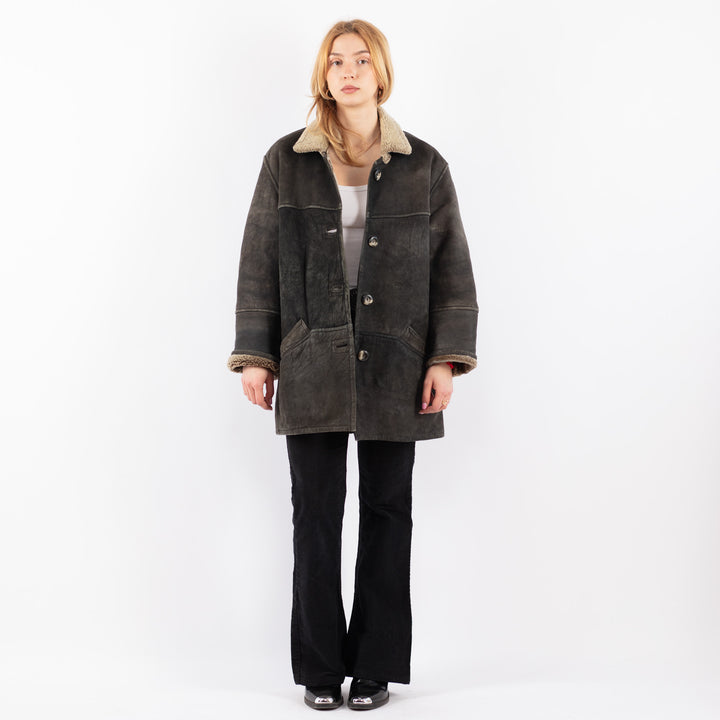 Vintage 90's Women Sheepskin Shearling Coat in BlackV9680