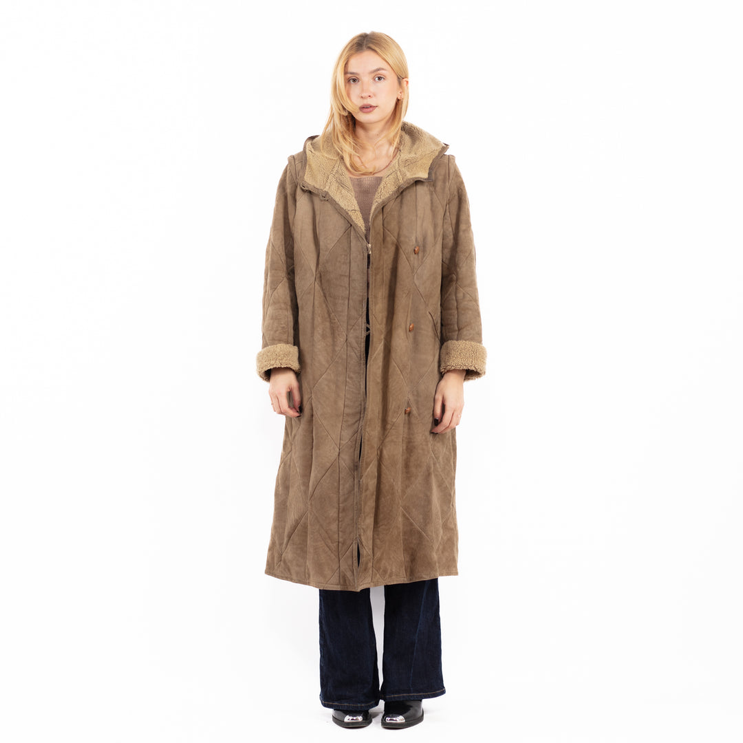 Vintage 80's Women Sheepskin Long Coat in Dark beige