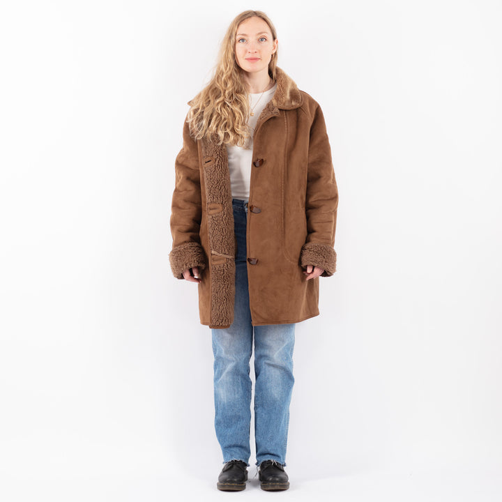 Vintage 90's Women Faux Sheepskin Coat in BrownV9510