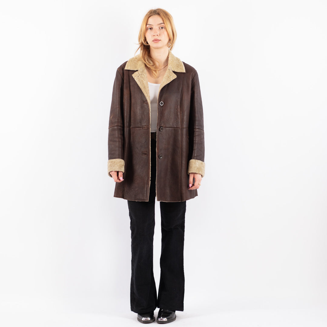 Vintage 90's Women Sheepskin Shearling Coat in BrownV9681