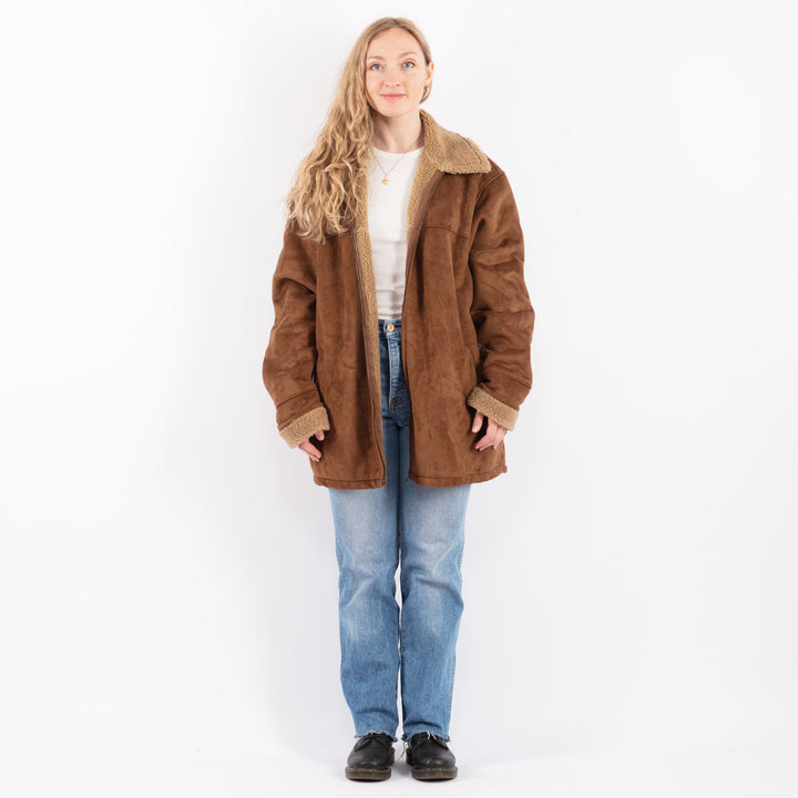 Vintage 90's Women Faux Sheepskin Coat in BrownV9512