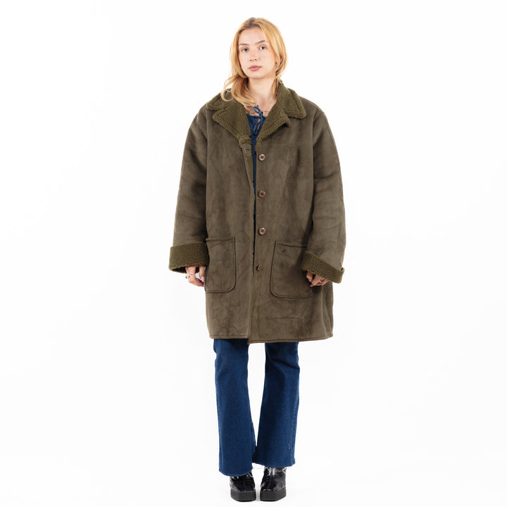 Vintage 90's Women Faux Sheepskin Coat in GreenA0111
