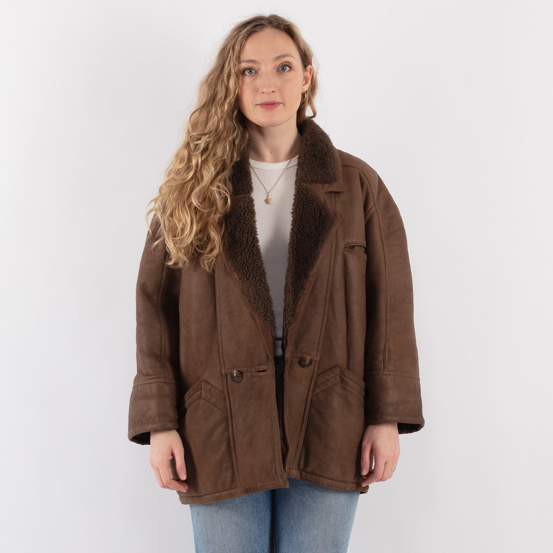 Vintage 80's Women Sheepskin Shearling Coat in BrownV9265
