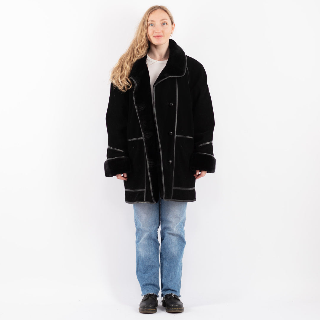 Vintage 90's Women Faux Sheepskin Coat in BlackV9514