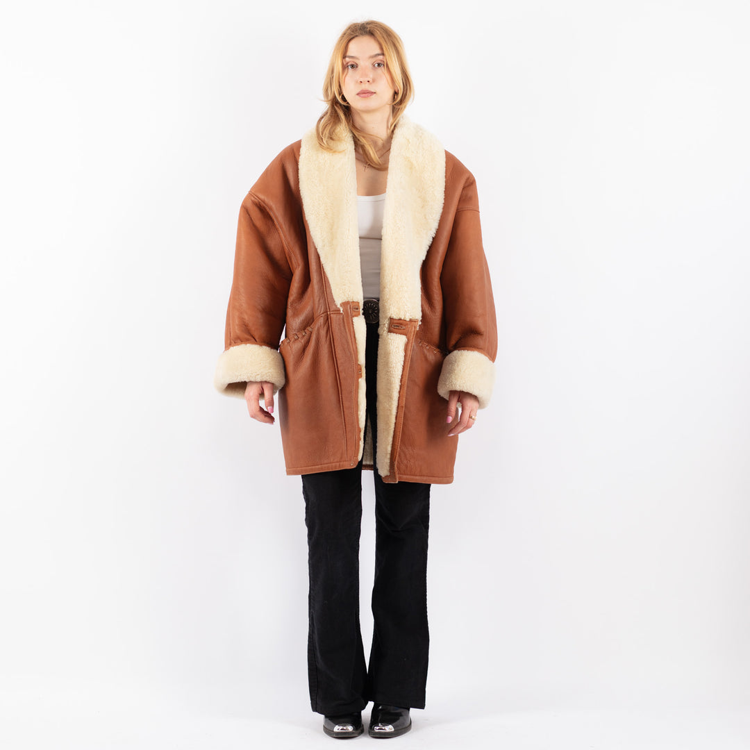 Vintage 80's Women Sheepskin Shearling Coat in BrownV9683