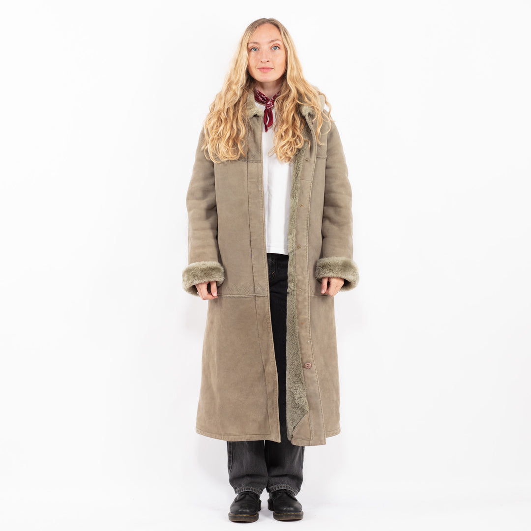 Vintage 70's Women Hooded Sheepskin Coat in Sage Green