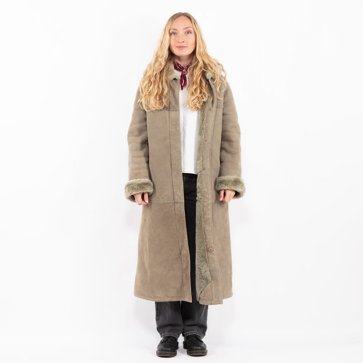 Vintage 70's Women Hooded Sheepskin Coat in Sage Green