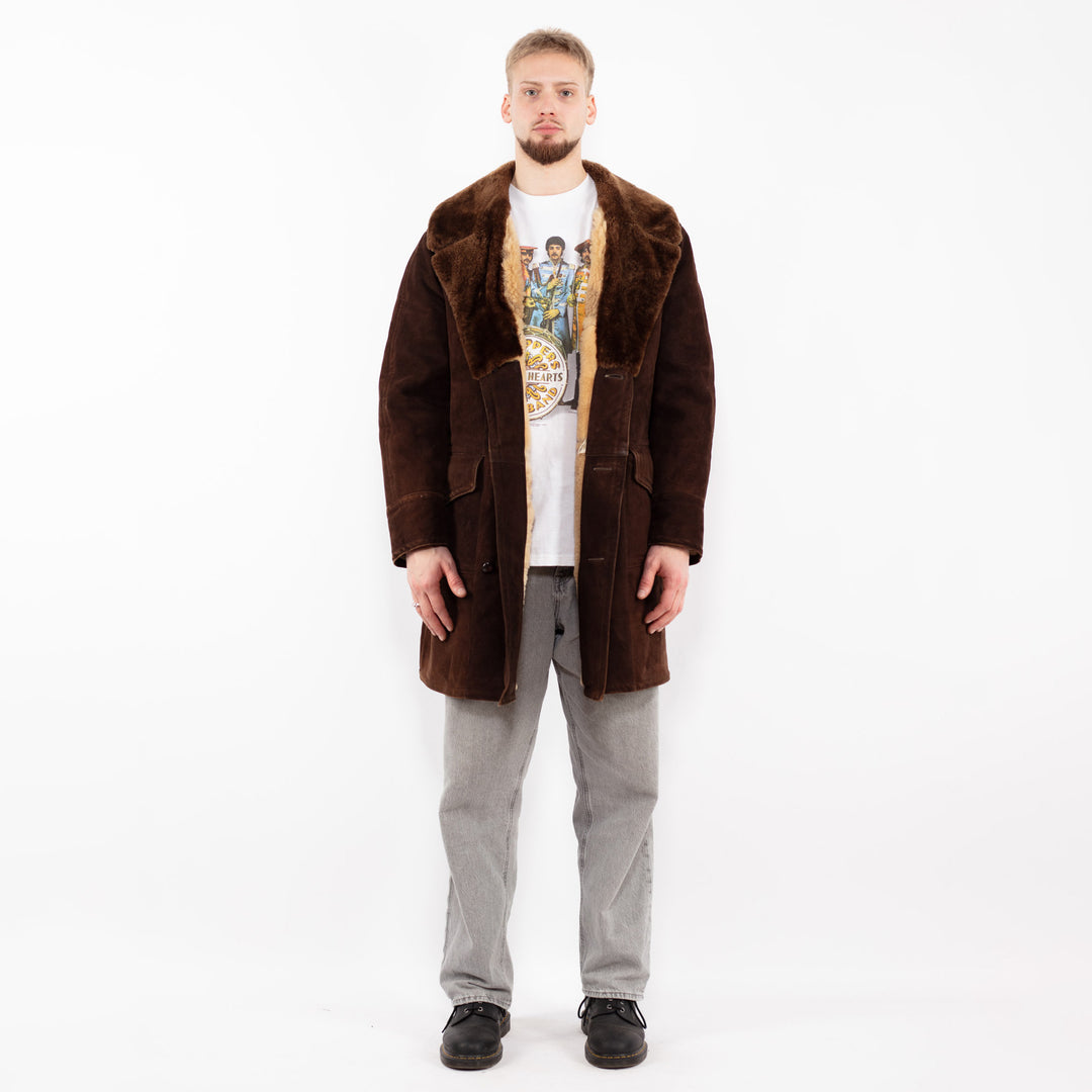 Vintage 70's Men Sheepskin Shearling Coat in BrownZ2523