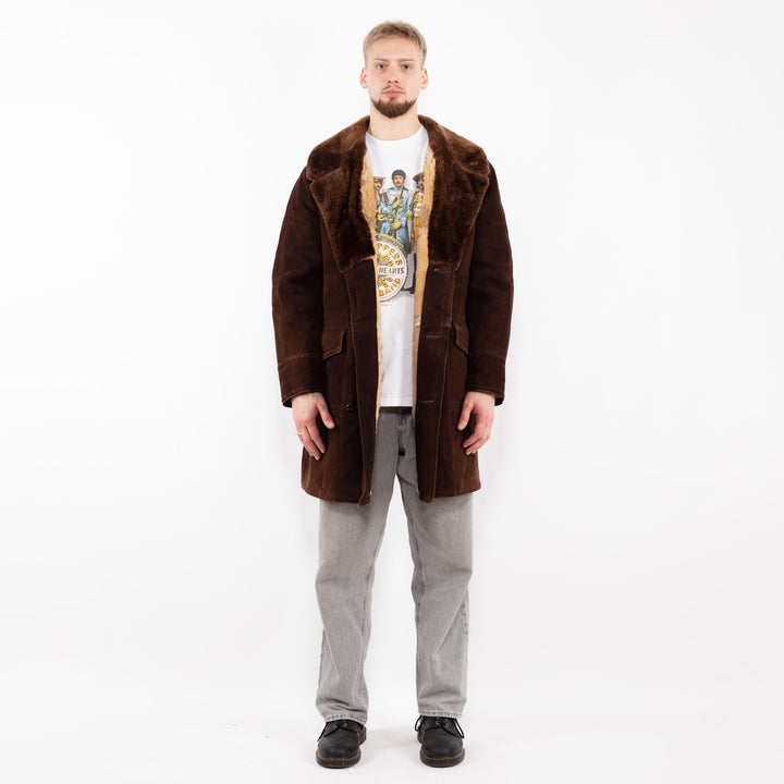 Vintage 70's Men Sheepskin Shearling Coat in BrownZ2523
