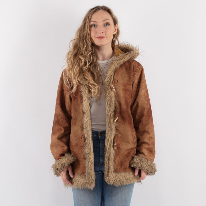 Vintage 90's Women Faux Sheepskin Coat in BrownV9267