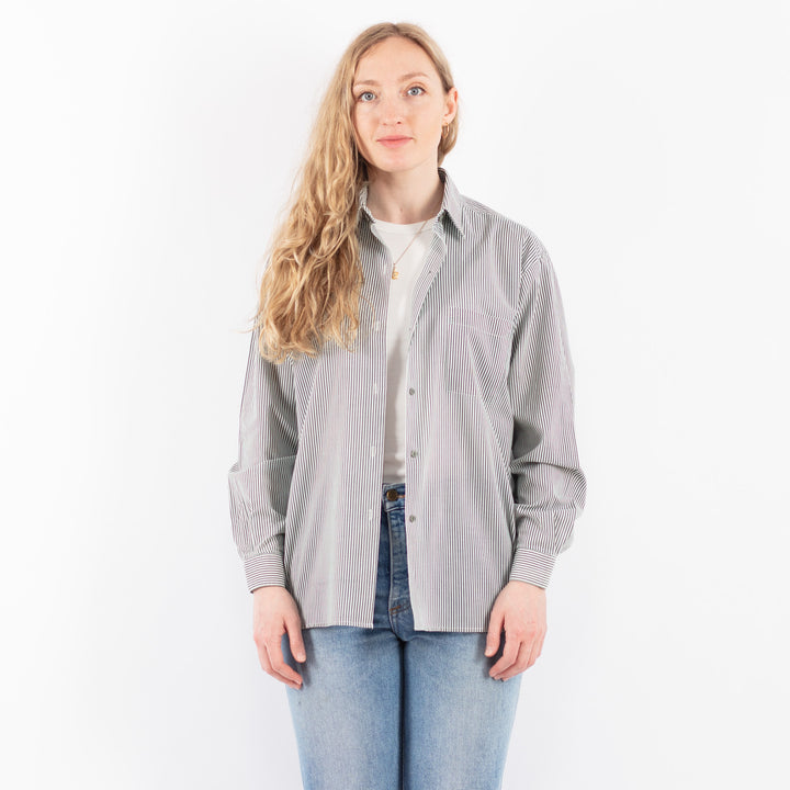 Vintage 00's Women Striped Long Sleeve Shirt in White and Light Green