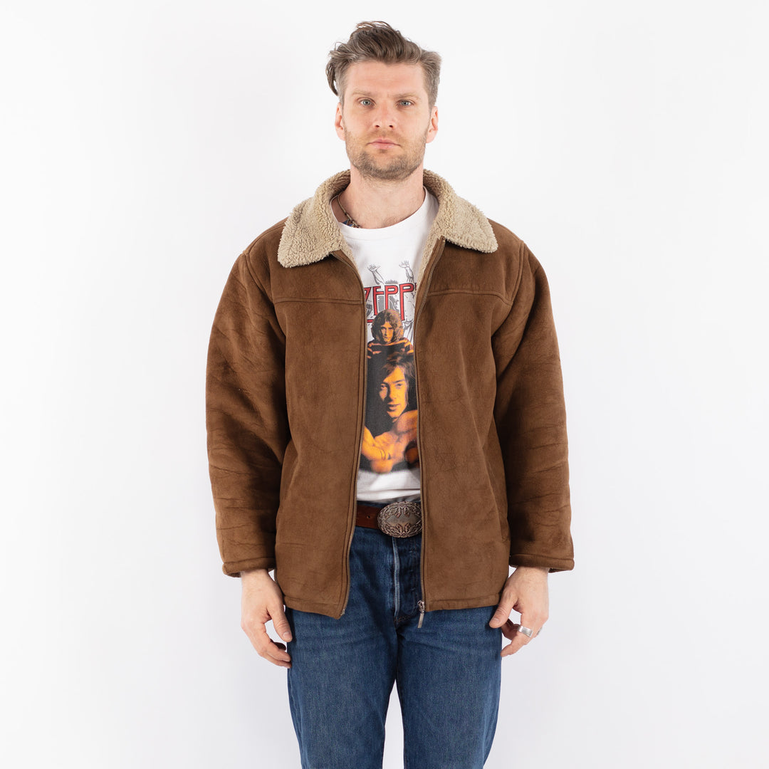 Vintage 90's Men Faux Sheepskin Jacket in BrownZ1552