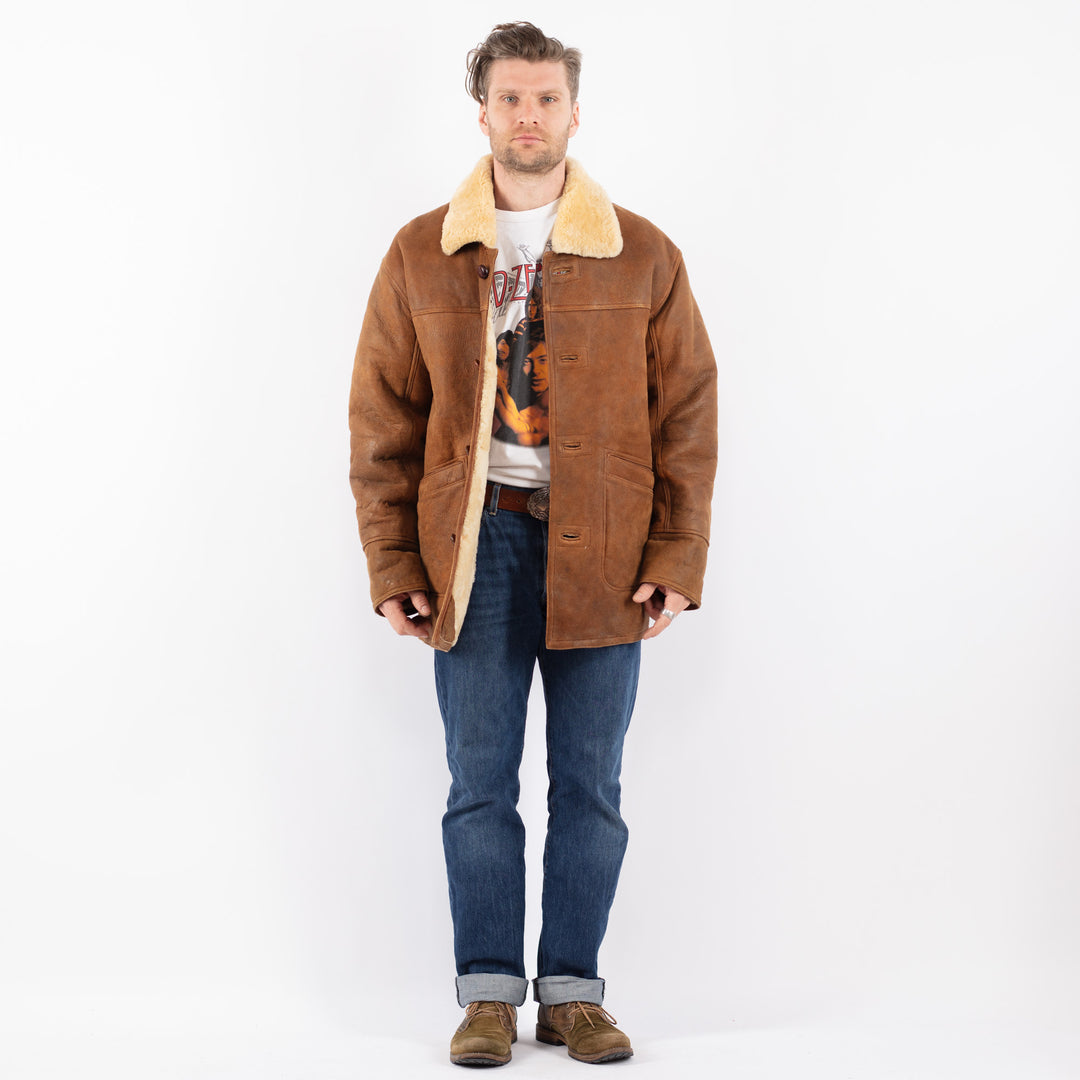 Vintage 90's Men Sheepskin Shearling Coat in BrownZ1554