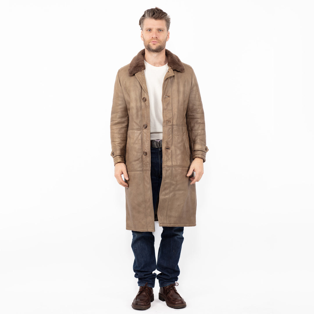 Vintage 70's Men Sheepskin Leather Coat in Beige