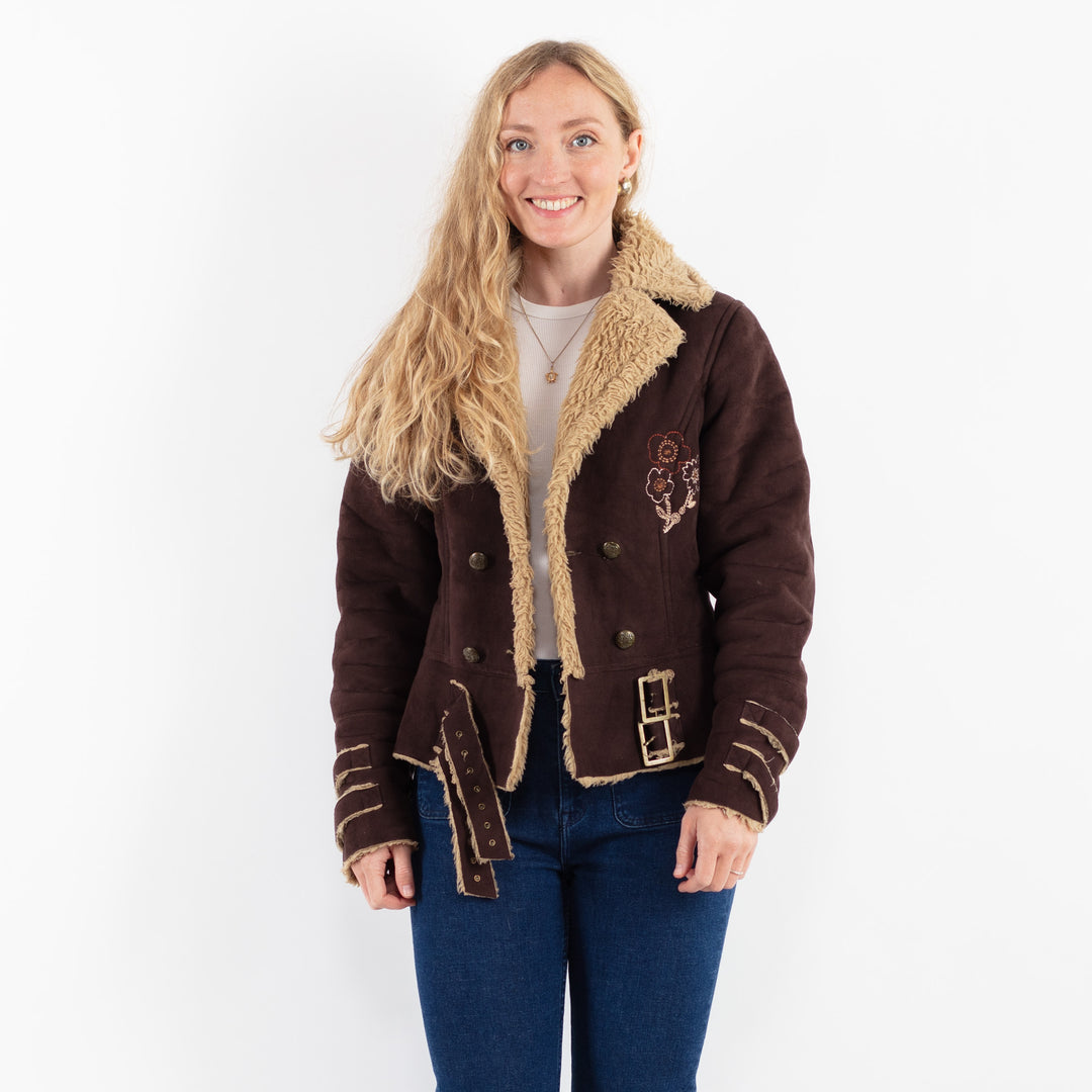 Vintage 90's Women Faux Sheepskin Jacket in BrownV9936