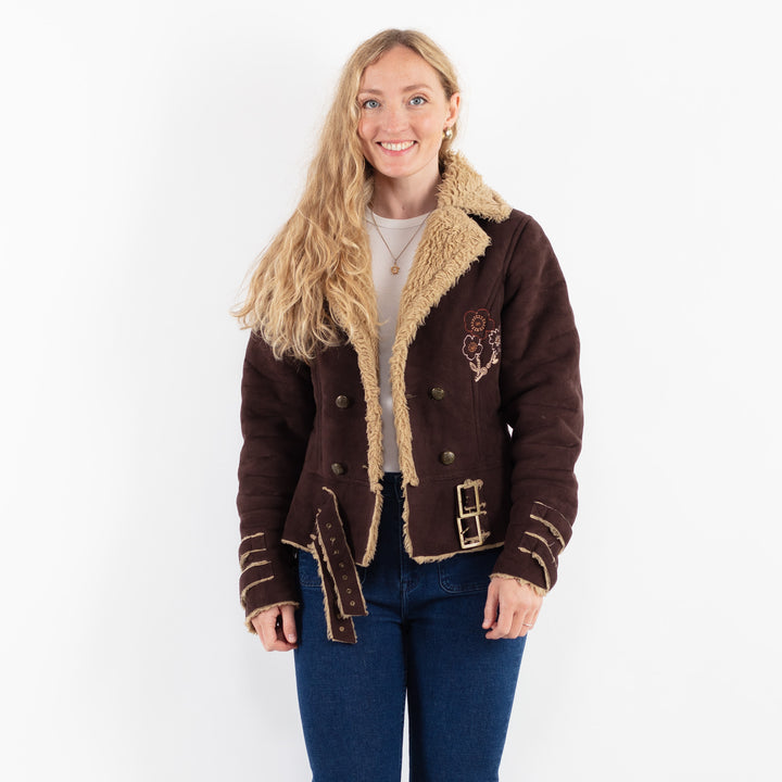 Vintage 90's Women Faux Sheepskin Jacket in BrownV9936