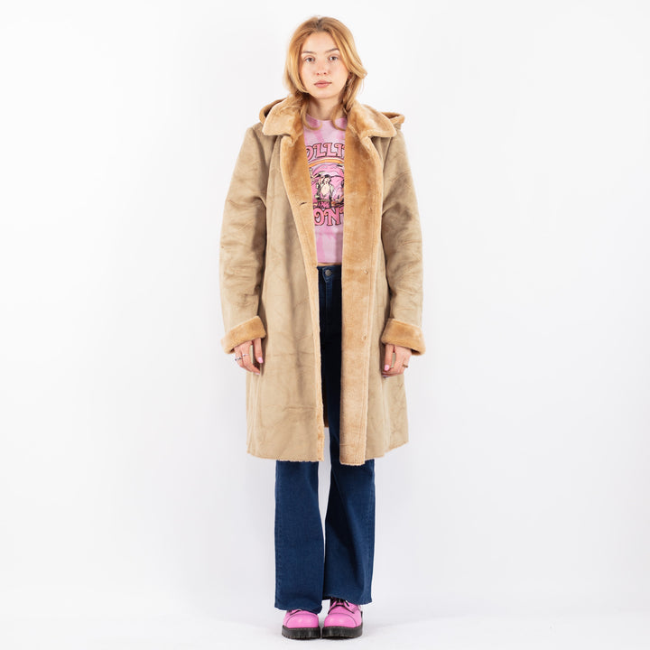 Vintage 90's Women Faux Sheepskin Coat in BeigeV9587